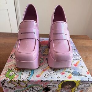 Jeffrey Campbell Block Platform Wedge Penny Loafer in Pink Patent Leather